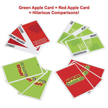 Apples to Apples comparison cards fanned out in red and green