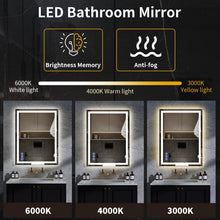 LED bathroom mirror with anti-fog and brightness memory icons, three light modes shown