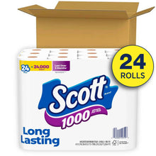 Scott 1000 Long Lasting toilet paper 24-roll pack in an open cardboard box