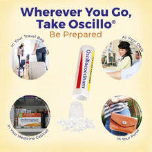 Oscillococcinum single-dose tube with white pellets and travel-use icons