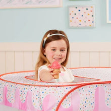 Fabric dessert play tent with front window opening and pink ice cream toy