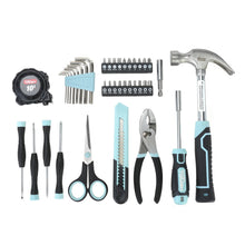 Assorted toolkit accessories including wrench, screwdrivers, pliers, tape measure, and drill bits