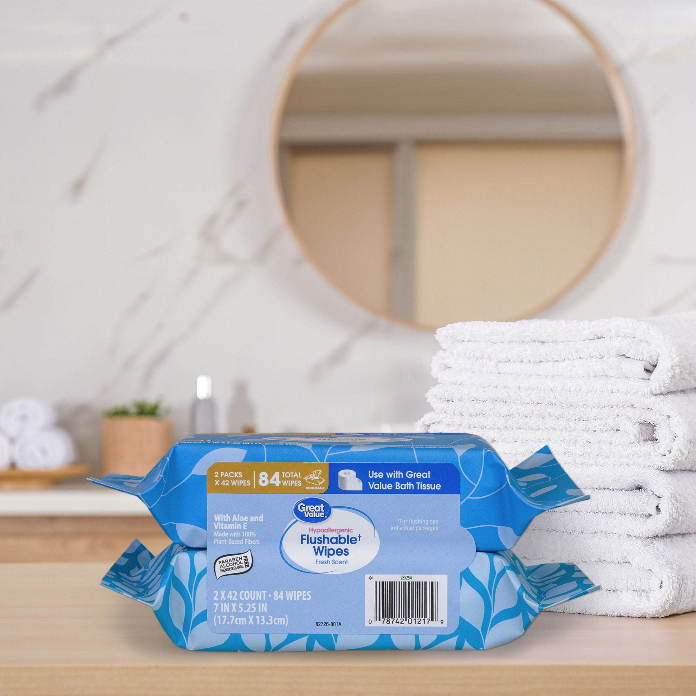 Great Value Fresh Scent Flushable Wipes, 2 Resealable Packs, 84 Total Flushable Wipes
