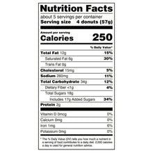 Nutrition facts label for mini donuts, 250 calories per serving