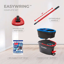 Spin mop complete set diagram: extendable handle, triangular mop base, rinse bucket