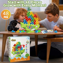 Dinosaur balance stacking blocks with green base and multicolor pieces on a table