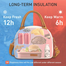 Cream insulated lunch tote bag open with meal compartments and food items inside