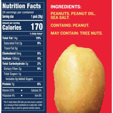 Peanut ingredients and nutrition facts label with whole peanut photo on red panel