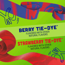 Fruit snack flavor panel showing Berry tie-dye and Strawberry tie-dye