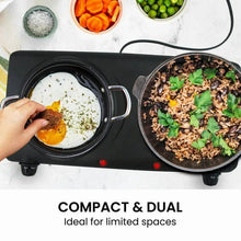 Black compact dual hot plate with two cast burners and red indicator lights