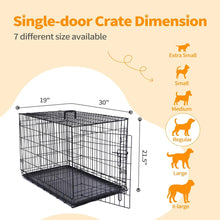 Foldable black metal wire dog crate with single door and plastic base tray