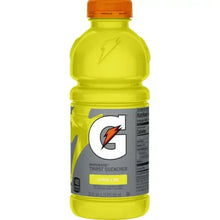 Gatorade Thirst Quencher bottle in yellow-green with label and orange cap, Lemon Lime