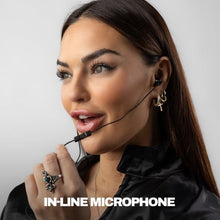 Black in-line microphone headset earbud with mic boom and cable
