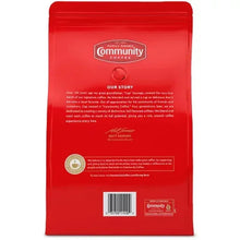 Coffee ground bag back label, Community Signature Blend dark roast with barcode