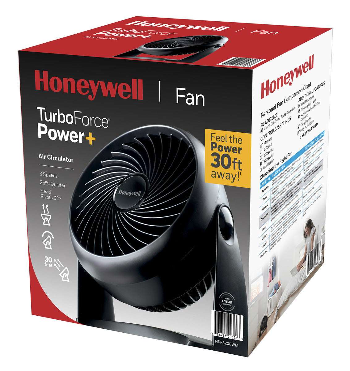 Honeywell 10” Black Turbo Force Power Table Fan, 30ft. Air Circulation Power, 3 Speed, 90° Pivot, HPF820BWM