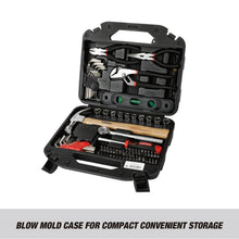 Open home tool set case with sockets, pliers, and tools in molded compartments