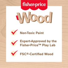 Fisher-Price Wood non-toxic paint and FSC-certified wood badge graphic