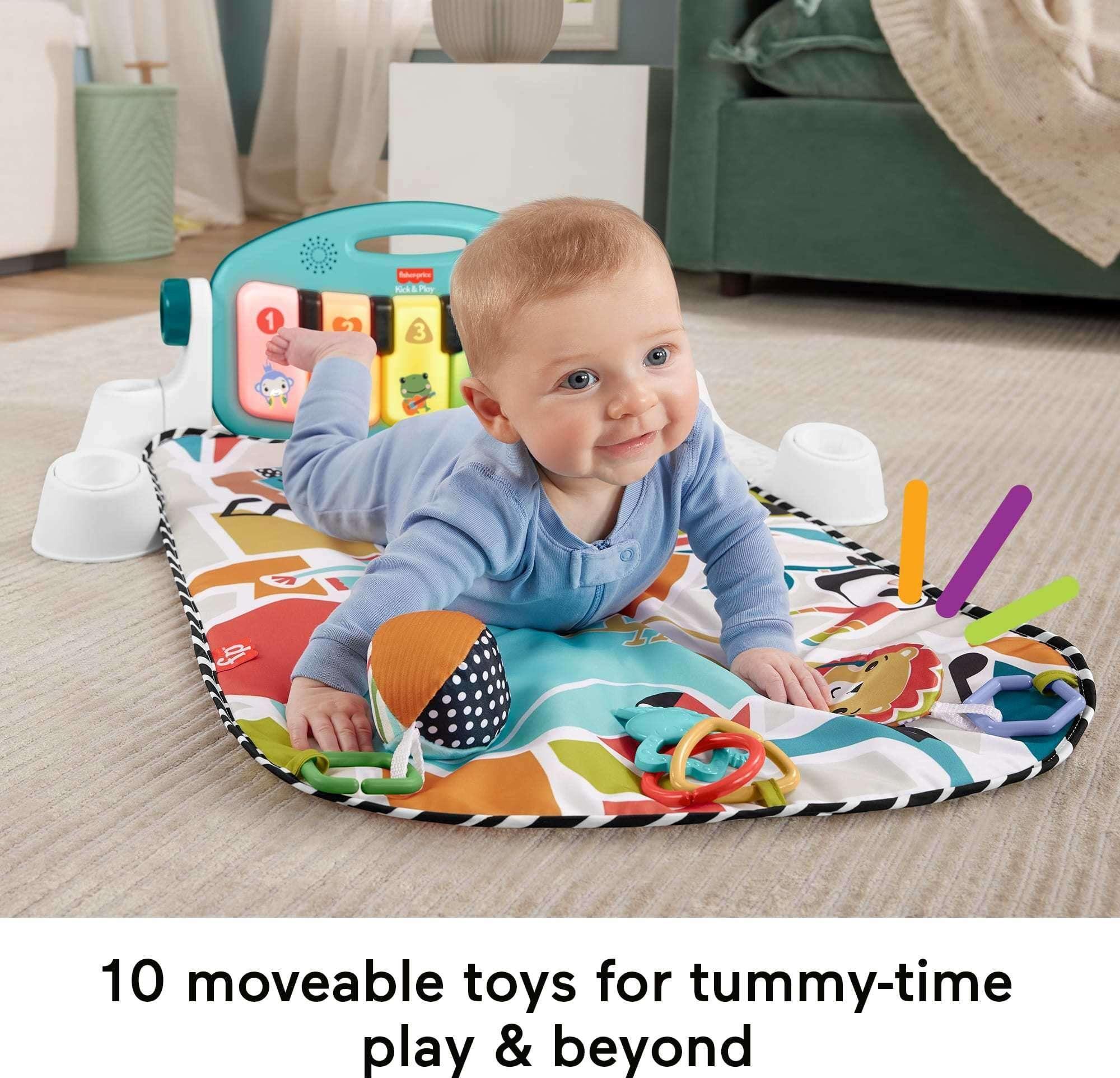 Fisher-Price Glow and Grow Kick & Play Piano Gym Baby Playmat with Musical Learning Toy, Blue
