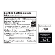 Lighting facts label for smart LED bulb: 9W power, 800 lumens, $1.08 yearly