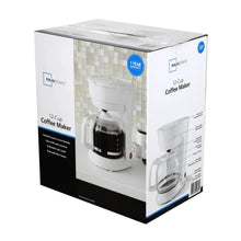 Coffee maker retail box with product window and dark carafe visible