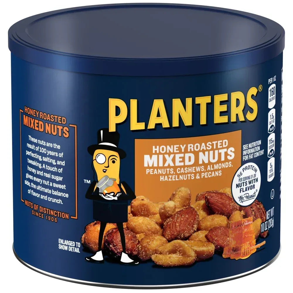 Honey Roasted Mixed Nuts, Party Snacks, Plant-Based Protein, 10 Oz Canister