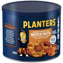 Honey-roasted mixed nuts canister front with Planters label and nut pieces