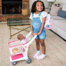 Kids shopping cart accessory set with pink basket, white handle, and tote bag