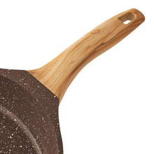 Brown speckled cast aluminum fry pan with wooden handle