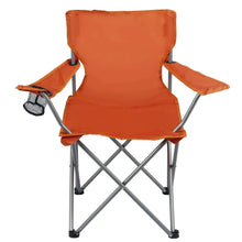 Orange folding camp chair with cup holder, padded seat and back, X-frame legs