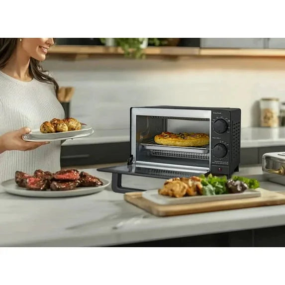 Mainstays 4-Slice Countertop Toaster Oven with 3 Settings, Includes Baking Rack and Pan, Black, New - USA MEGA SHOP