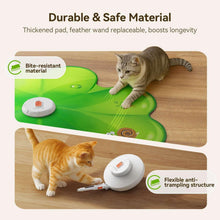 Green cat toy mat with center control pad, flexible structure, and feather wand