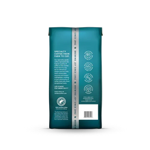 Ground coffee bag back panel with roast details and barcode sticker