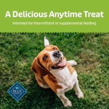 Dog treat package badge with a running dog wearing a blue logo graphic