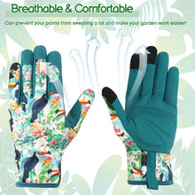 Pair of teal floral gardening gloves with black fingertips and patterned cuffs