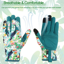 Floral gardening gloves with teal palms and multicolor flower print, arched hand shape