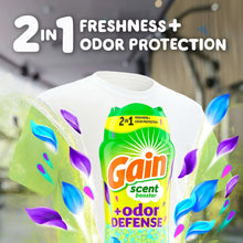 Laundry scent booster beads bottle, green with purple and yellow 2-in-1 freshness label