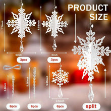 Clear acrylic snowflake drop ornaments on hanging crystal chains, size guide
