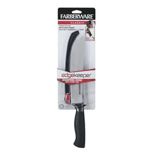Butcher knife blister pack showing black handle and self-sharpening blade cover