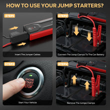 Car jump starter with red jumper cables and clamp connection steps