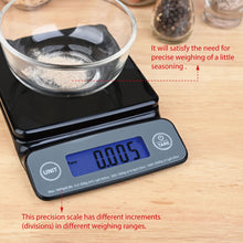 Black digital kitchen scale close-up with blue LCD reading and UNIT/TARE buttons
