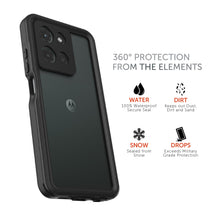 Black waterproof phone case back view with camera cutouts and grip edges