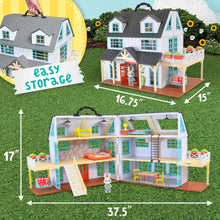 Country dollhouse with gray roof, teal windows, porches, and multi-level staircase