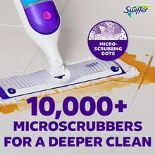 Power mop with white handle and purple head, with a striped micro-scrubbing pad