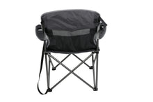 Oversized camp chair with cup holders, dark gray and black fabric back, foldable frame