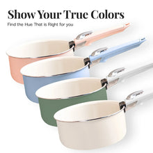 Pastel cookware set with cream and blue pots, each with a copper-toned handle