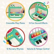 Crocodile play piano toy with icons for nursery rhymes, sound effects, and volume