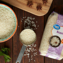 Great Value basmati rice bag with uncooked white rice grains in bowl and scoop