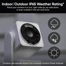 White IP65 weatherproof security camera with raindrop and snow protection icons