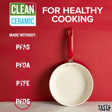 Red ceramic non-stick frying pan with white speckled interior and short red handle