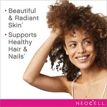Neocell supplement benefit graphic with curly-haired woman and radiant skin text
